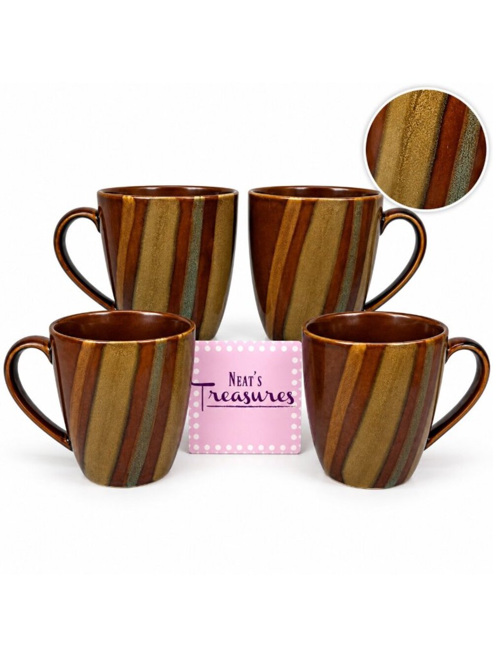 Sango AVANTI BROWN 4722 Stripes On Sand Stoneware 12oz Coffee Cups Mugs Set of 4